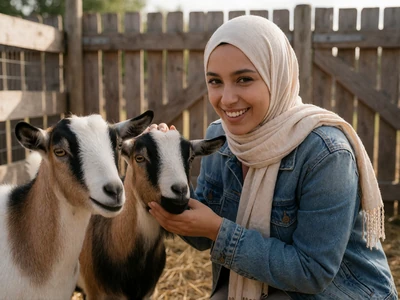 Muslim woman in her late 20s wearing a hijab kneeling beside two goats in a farm pen