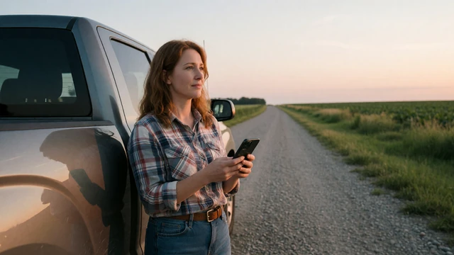 Woman farmer with a phone on a gravel road for rural long-distance dating.