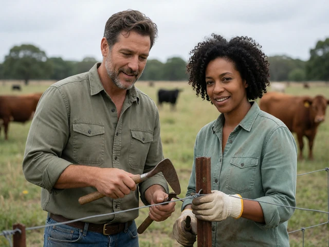 Couple in their 40s repairing a ranch fence together, a practical cowboy dating relationship moment