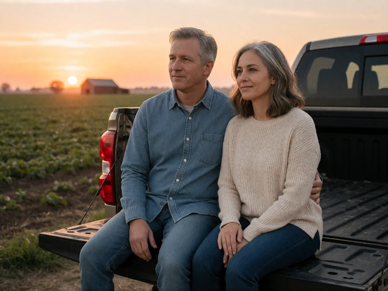 Couple in their 50s watching sunset from a pickup tailgate beside farmland, a simple country date idea