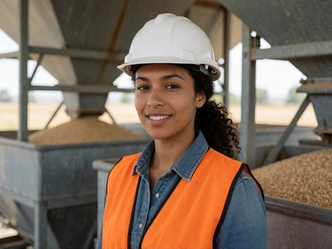 Adult woman in a hard hat and safety vest standing in a grain facility for industrial farmers dating