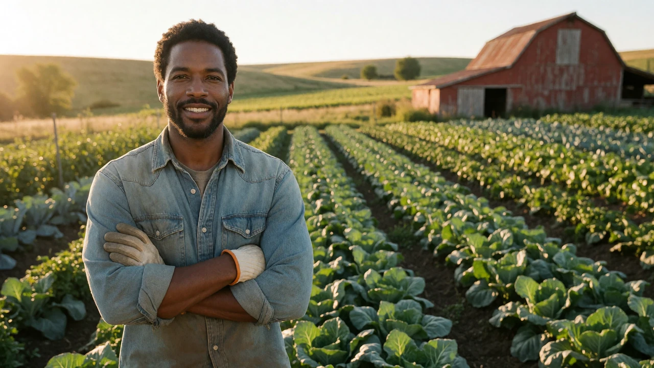 Confident Black farmer in his 40s standing with arms crossed in front of rows of vegetables at golden hour