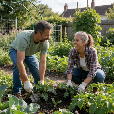 Multicultural couple in their 40s working together in a community garden