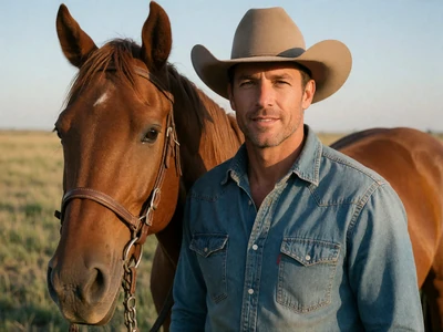 Adult man in his 30s in a cowboy hat standing beside a chestnut horse on a Texas ranch at golden hour