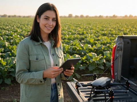Adult woman inspecting a crop monitoring drone beside a field for niche dating sites