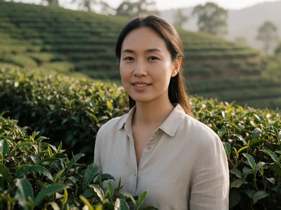 Adult East Asian woman in her late 20s smiling among rows of green tea bushes in a terraced garden