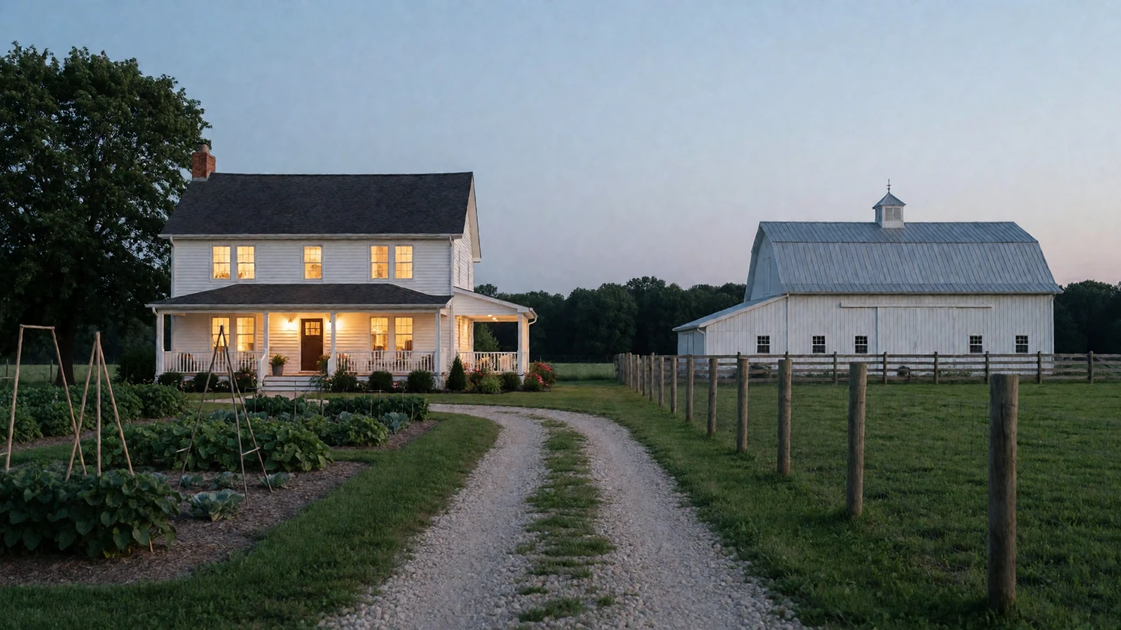 Farmhouse with warm lights at twilight, setting the mood for life on a farm and relationships