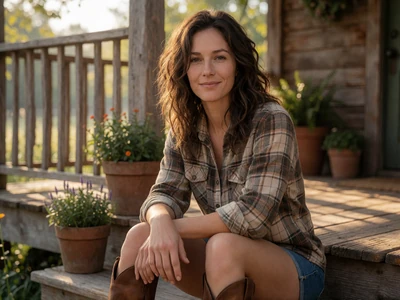 Adult woman in her 30s wearing boots and flannel sitting on a wooden farmhouse porch in morning light