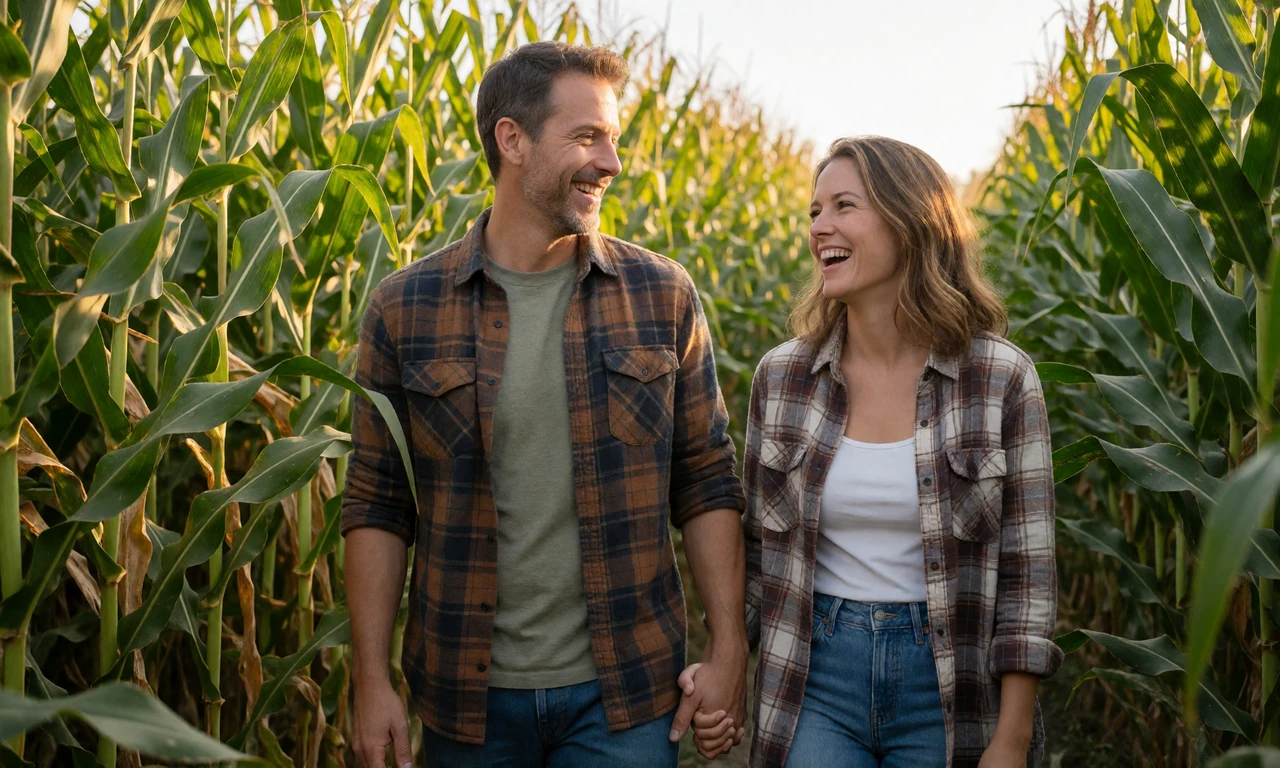 Adult couple in their 40s walking hand in hand through a corn maze on an Illinois farm during a country date