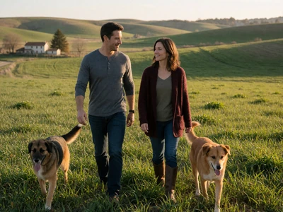 Couple in their 40s walking two dogs through a green pasture at evening