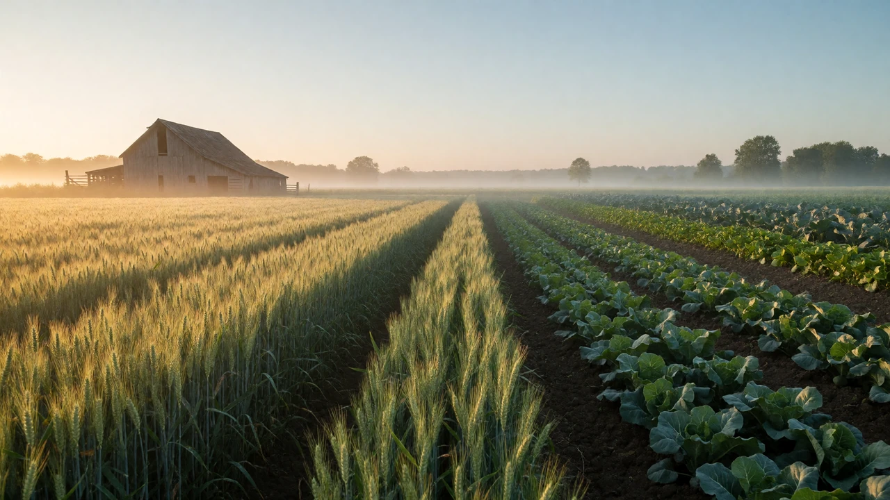 Peaceful farm field at dawn with young crops catching golden morning light and a barn on the horizon