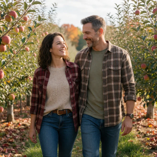 Couple in their 40s walking through an Arkansas apple orchard in autumn on a country date