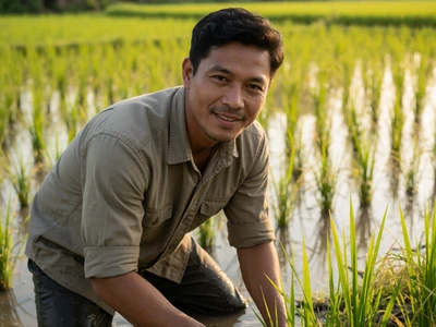 Adult Southeast Asian man in his 30s working in a bright green flooded rice paddy in golden afternoon light