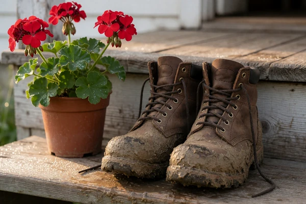 Muddy leather work boots on a wooden porch step, symbolizing the rural lifestyle on a country dating site