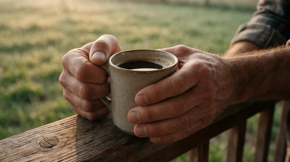 Weathered farmer hands holding a coffee mug on a porch in soft morning light, evoking the quiet start of a farmer's day