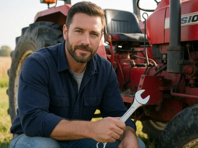 Adult man in a navy work shirt repairing a red tractor on an Ohio farm