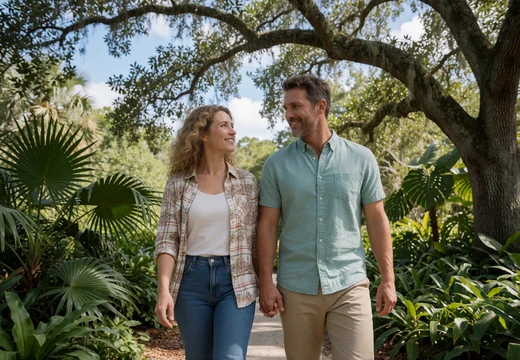 Florida country couple walking through a botanical garden for a warm climate rural date