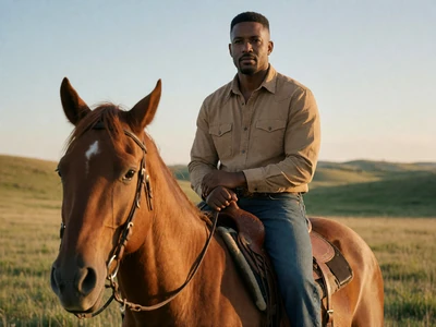 Black man in his 40s riding a chestnut horse on an open ranch in the evening light