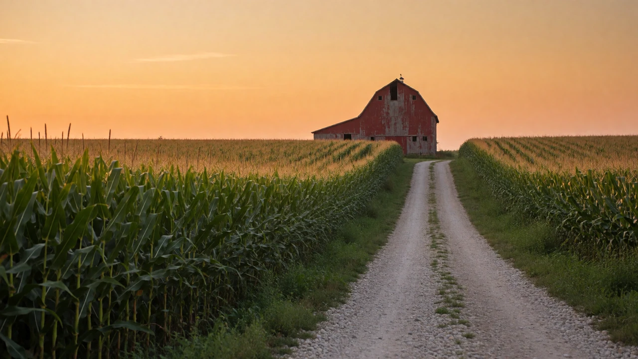 Indiana cornfield at sunset with a red barn silhouetted against a golden sky, representing Hoosier farmers dating country singles
