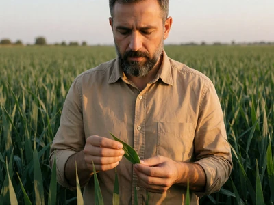 Muslim man in his early 40s inspecting a crop leaf in a green field at golden hour