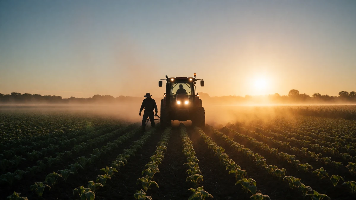 Farmer silhouette working a field at dawn with tractor headlights glowing, showing the long hours that create seasonal dating challenges