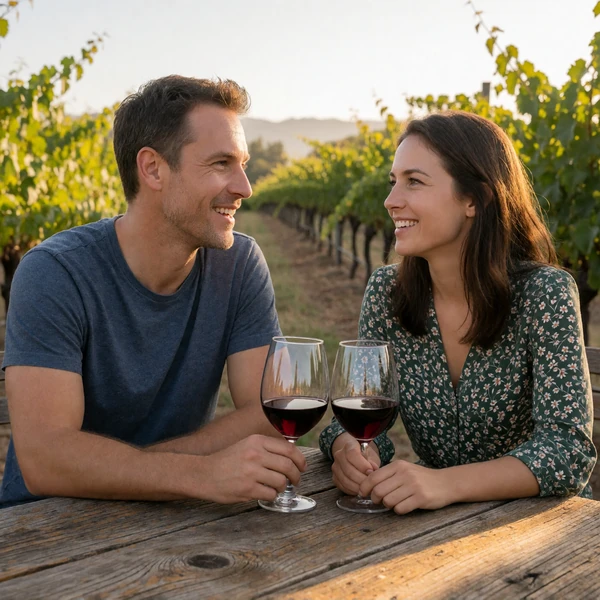 Couple in their 30s enjoying wine at a rural California vineyard table on a country date