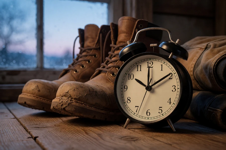 Alarm clock and worn work boots on a farmhouse floor showing the early schedule of dating in rural areas