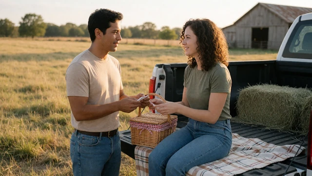 Couple preparing a tailgate picnic beside a hayfield, linking to country date ideas
