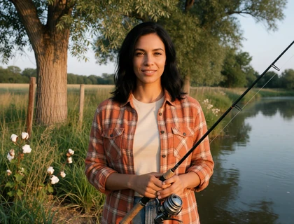 Woman holding a fishing rod beside a rural Missouri riverbank for a farmers dating profile
