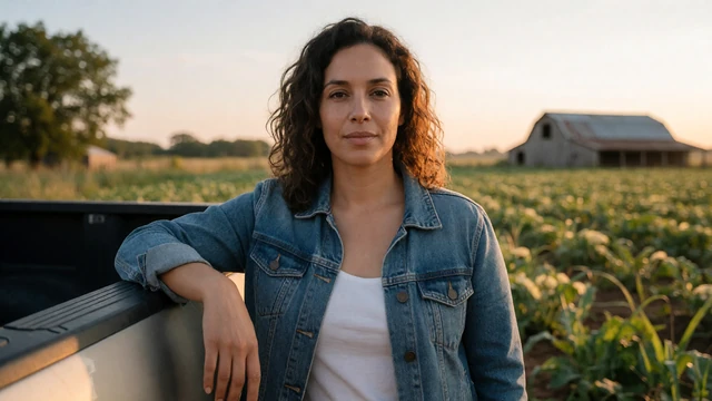 Adult woman farmer by a pickup at sunset, linking to a guide about how to date a farmer