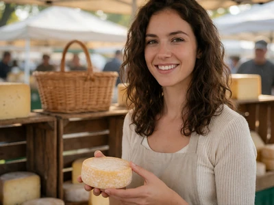 Woman in her late 20s in an apron holding a wheel of cheese at a Wisconsin farmers market booth in the morning light