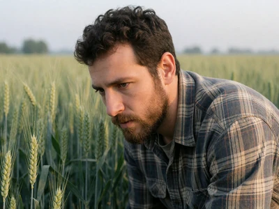 Adult Jewish man working in a green wheat field in soft morning light