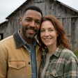 Smiling couple in their late 30s standing together in front of a wooden barn in soft rural light