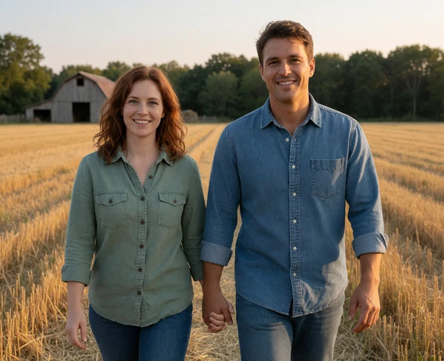 Adult farm couple walking through a hay field, showing partnership and family-minded country love