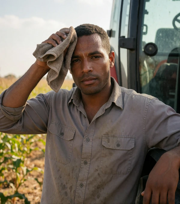 Adult man resting against farm equipment after a demanding agribusiness workday