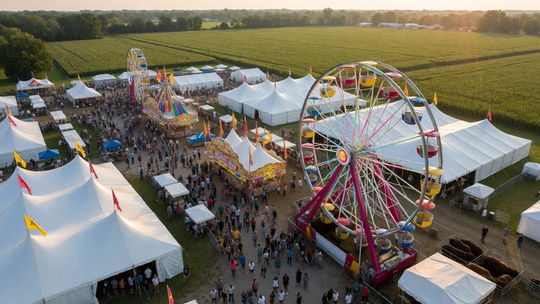 Overhead view of an Indiana county fairgrounds with a Ferris wheel and livestock tents on a warm afternoon