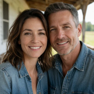 Close portrait of a farm couple in their forties smiling together on a farm porch