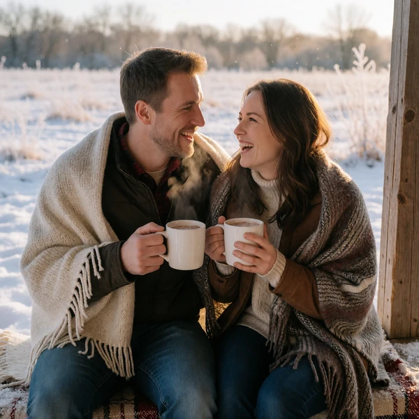 Couple in their 30s drinking hot cocoa together on a snowy farmhouse porch in Minnesota