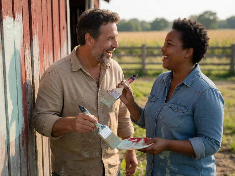 Couple in their 40s painting a barn together as a practical and playful rural date idea