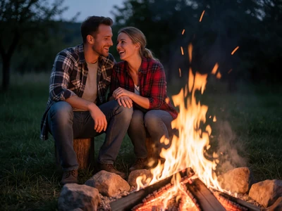 Country couple sitting by a bonfire in a rural backyard at night, country singles dating category