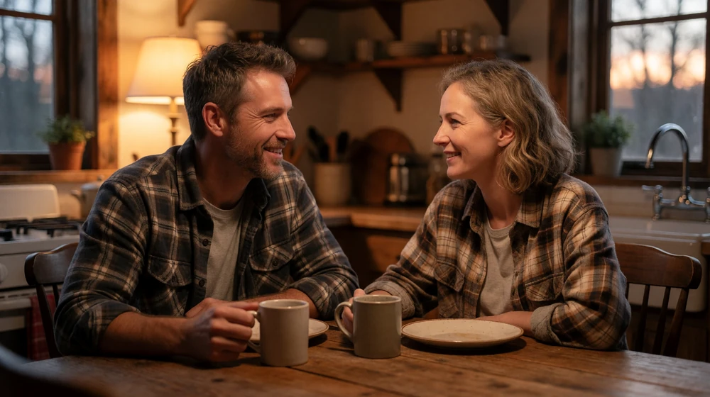 Couple in their 40s sharing breakfast at a farmhouse table before dawn, showing everyday closeness in a farmer relationship