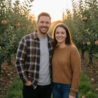 Interfaith couple in their 30s standing in an apple orchard at golden hour