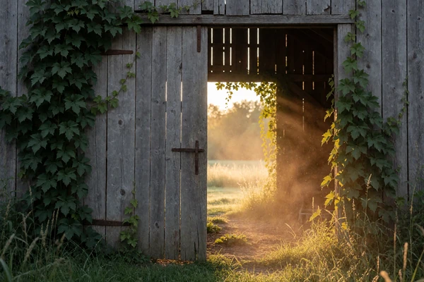 Weathered barn door with golden morning light streaming through, representing trust and openness on a farmer dating site