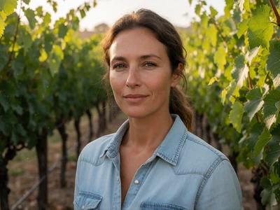 Woman in her 30s in a denim shirt standing among grapevines in a California vineyard