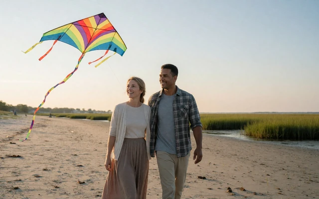 Adult couple walking on a North Carolina coastal beach during a rural dating outing
