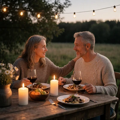 Couple in their 50s from different countries sharing a farm table dinner in the evening