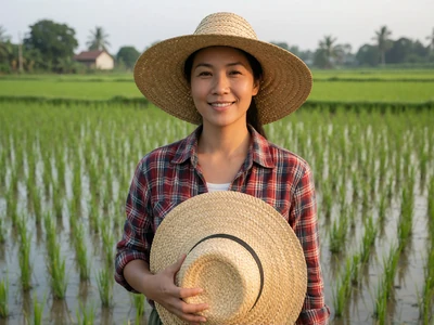 Asian-American woman farmer standing in a green rice paddy, Asian farmers dating category