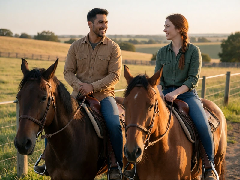 Couple in their 30s riding horses along a ranch trail, showing an active countryside romance date