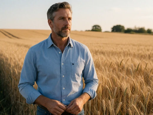 Adult man in a tailored shirt overlooking a vast wheat field as a successful agricultural single