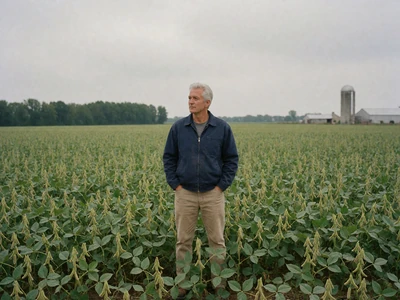 Man in his 50s standing in a vast soybean field on an overcast day